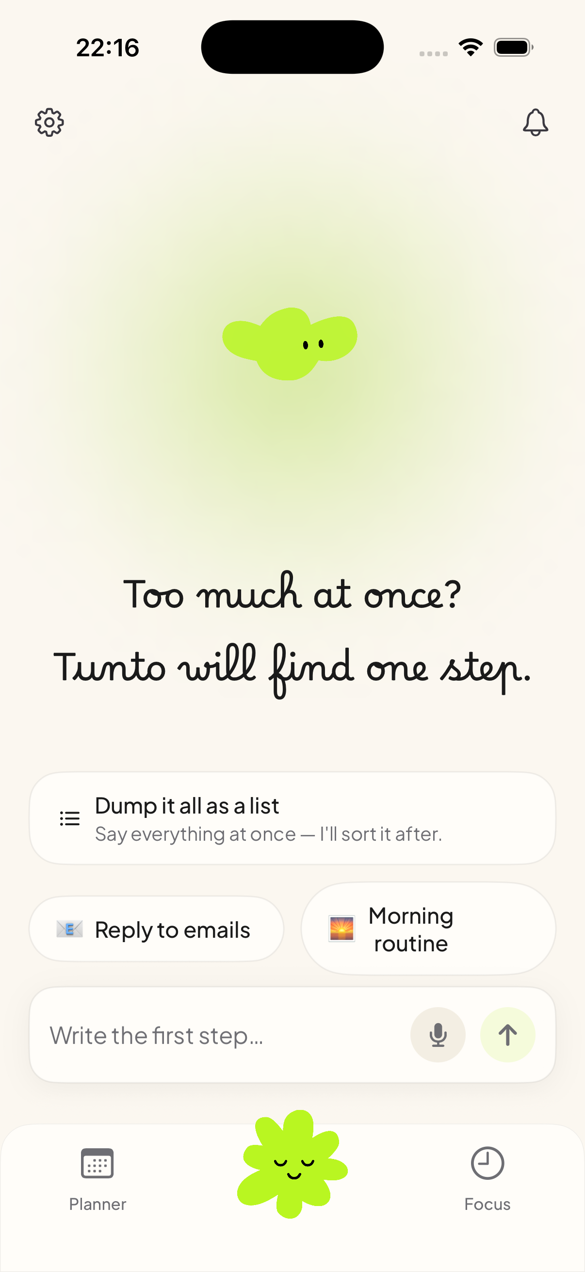 Tunto Assistant screen with a brain-dump prompt and quick starts