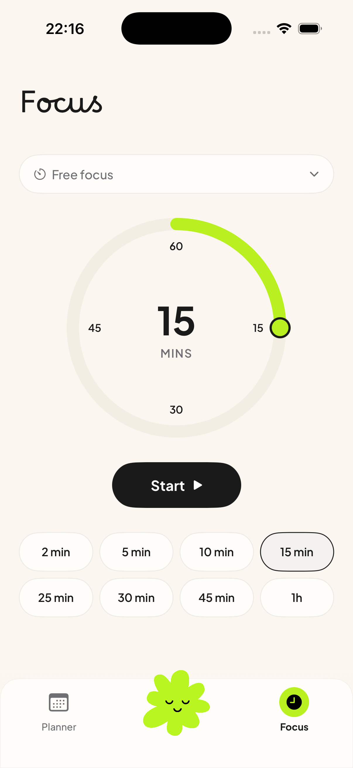 Focus screen with a fifteen-minute dial and quick choices down to two minutes