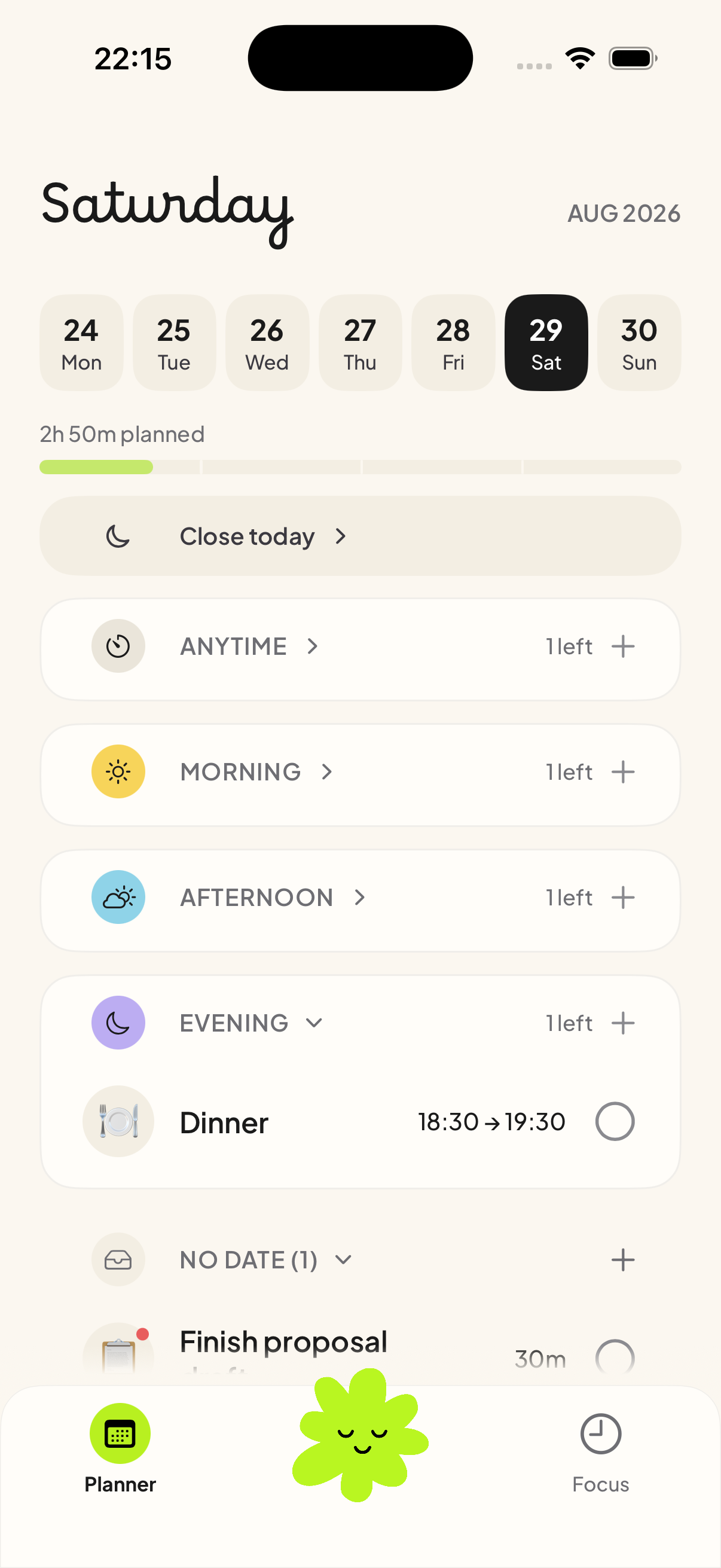 Planner screen with a week strip and one open part of the day