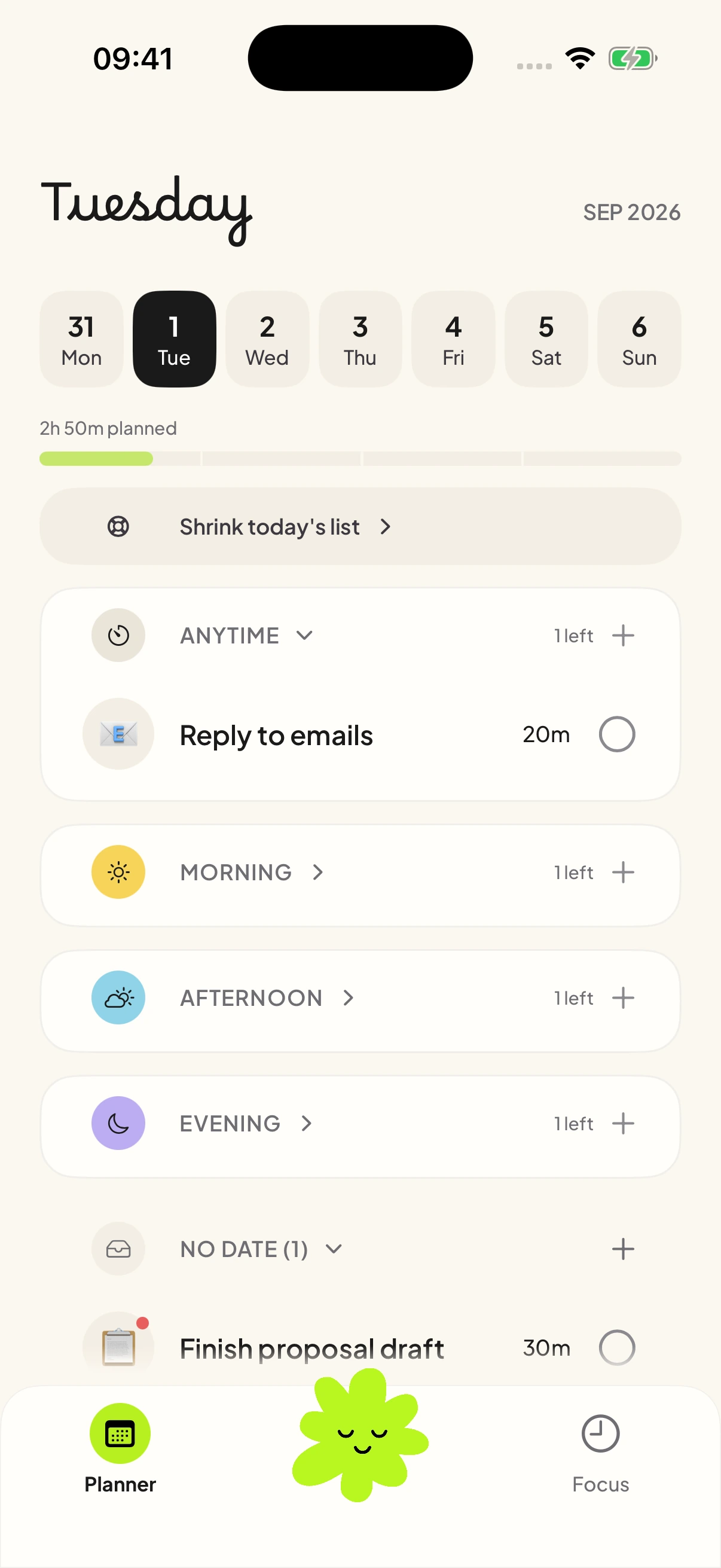 Saved Tunto app preview: daily tasks grouped by part of the day.